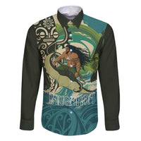 Aotearoa Tangaroa Atua Family Matching Off Shoulder Short Dress and Hawaiian Shirt New Zealand God Of The Ocean LT14 Dad's Shirt - Long Sleeve Cyan - Polynesian Pride