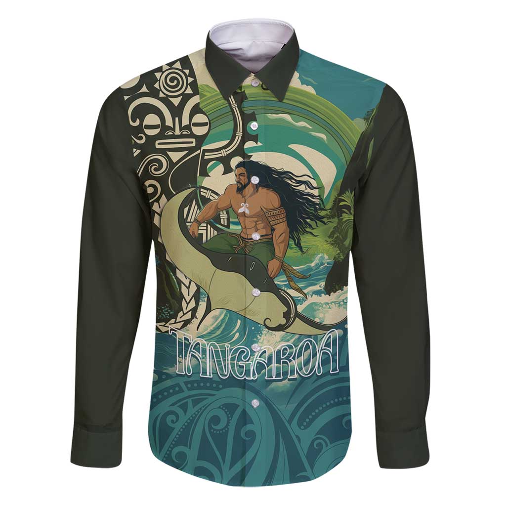 Aotearoa Tangaroa Atua Family Matching Puletasi and Hawaiian Shirt New Zealand God Of The Ocean LT14 Dad's Shirt - Long Sleeve Cyan - Polynesian Pride