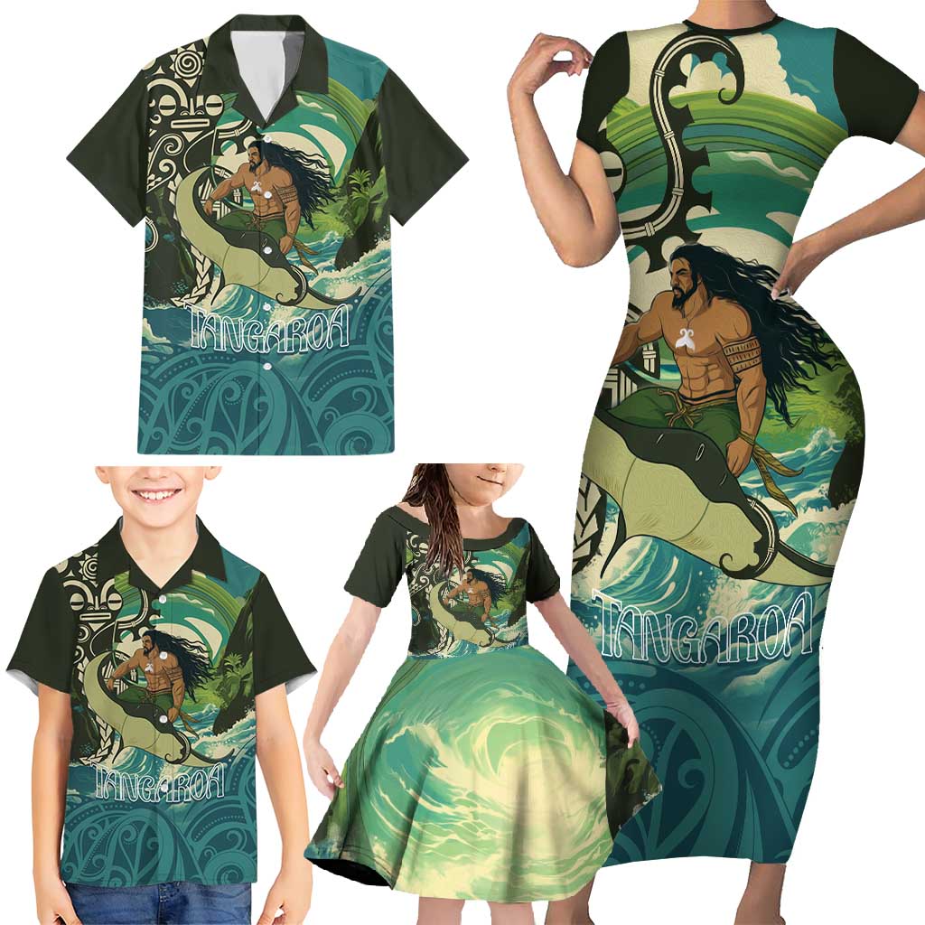 Aotearoa Tangaroa Atua Family Matching Short Sleeve Bodycon Dress and Hawaiian Shirt New Zealand God Of The Ocean LT14 - Polynesian Pride