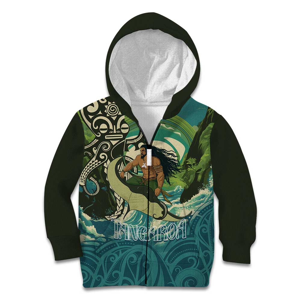 Aotearoa Tangaroa Atua Kid Hoodie New Zealand God Of The Ocean LT14 Zip Hoodie Cyan - Polynesian Pride