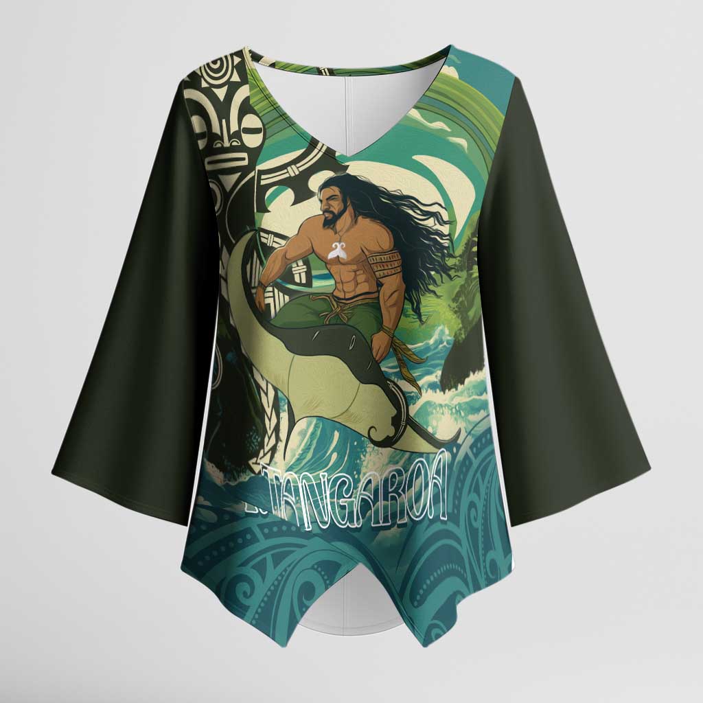 Aotearoa Tangaroa Atua Kimono Sleeve Blouse New Zealand God Of The Ocean LT14 Female Cyan - Polynesian Pride