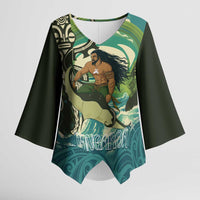 Aotearoa Tangaroa Atua Kimono Sleeve Blouse New Zealand God Of The Ocean LT14 Female Cyan - Polynesian Pride