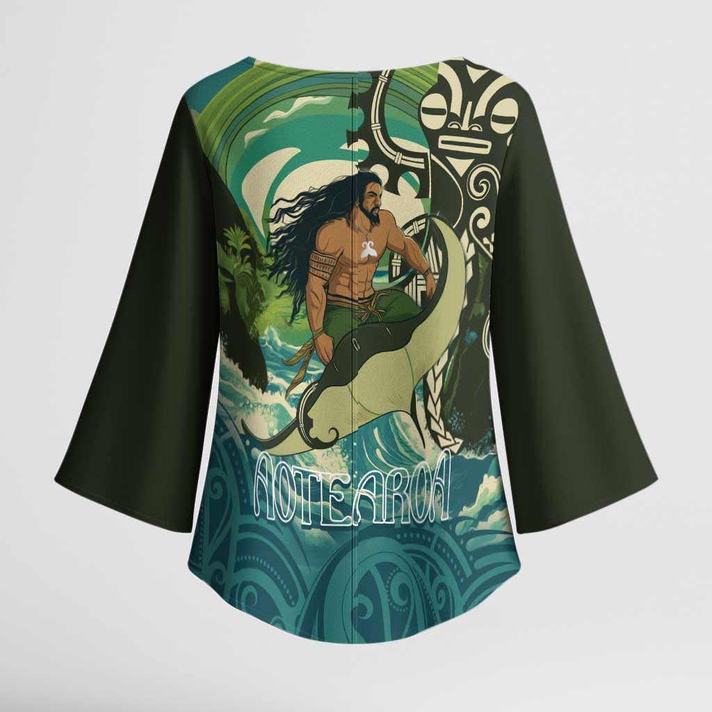 Aotearoa Tangaroa Atua Kimono Sleeve Blouse New Zealand God Of The Ocean LT14 - Polynesian Pride