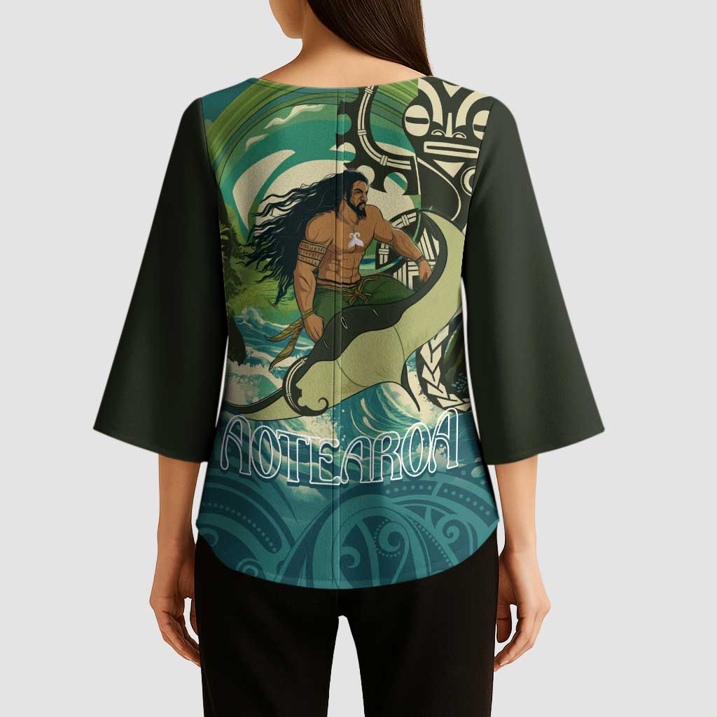 Aotearoa Tangaroa Atua Kimono Sleeve Blouse New Zealand God Of The Ocean LT14 - Polynesian Pride