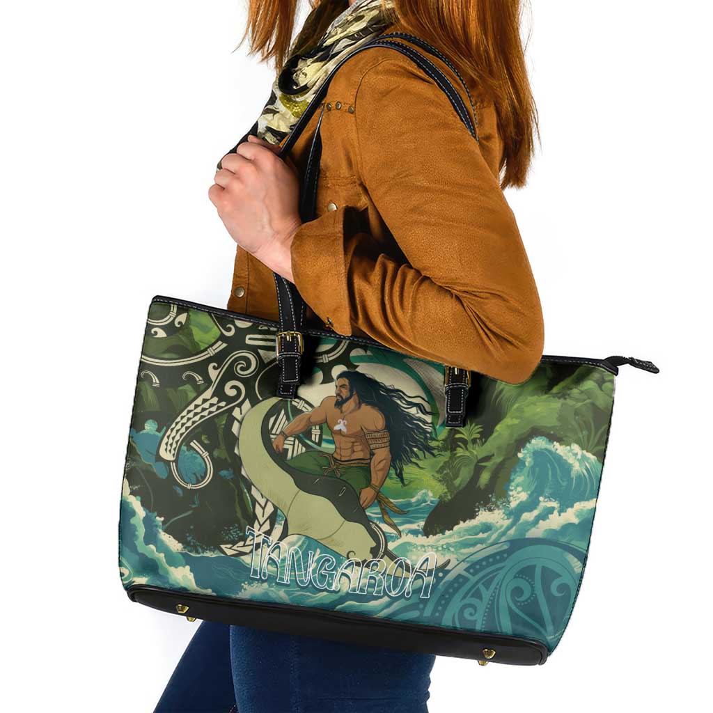 Aotearoa Tangaroa Atua Leather Tote Bag New Zealand God Of The Ocean LT14 Cyan - Polynesian Pride