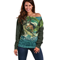 Aotearoa Tangaroa Atua Off Shoulder Sweater New Zealand God Of The Ocean LT14 Women Cyan - Polynesian Pride