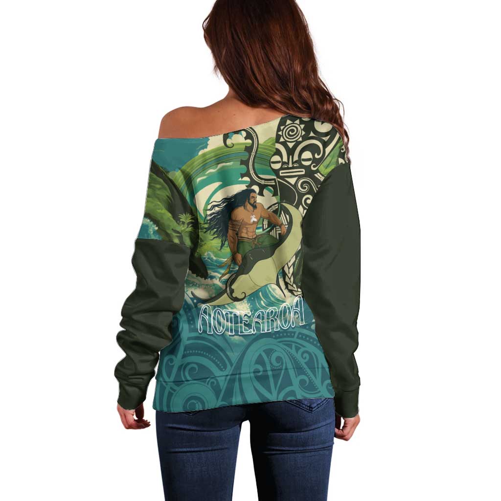 Aotearoa Tangaroa Atua Off Shoulder Sweater New Zealand God Of The Ocean LT14 - Polynesian Pride