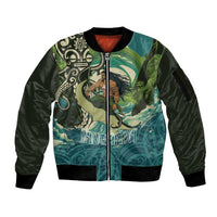 Aotearoa Tangaroa Atua Sleeve Zip Bomber Jacket New Zealand God Of The Ocean LT14 Unisex Cyan - Polynesian Pride
