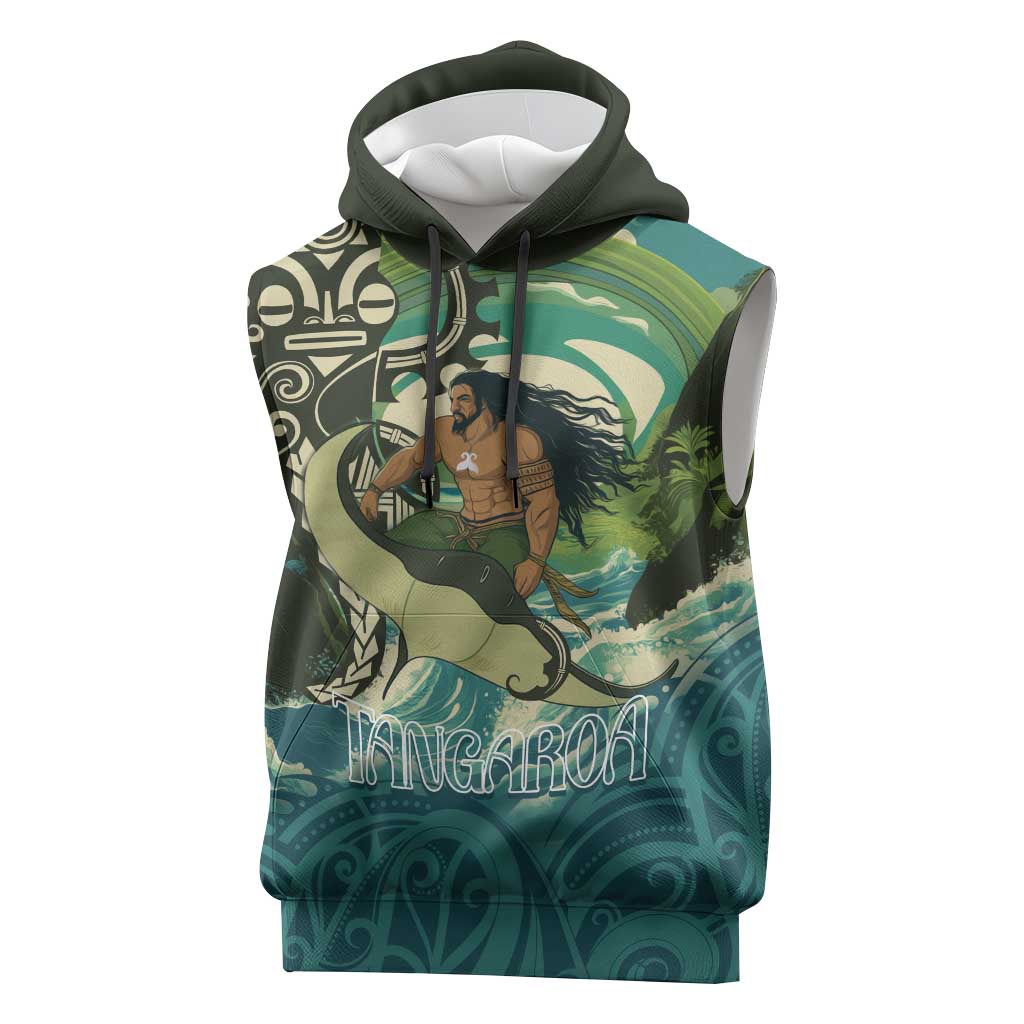 Aotearoa Tangaroa Atua Sleeveless Hoodie New Zealand God Of The Ocean LT14 Cyan - Polynesian Pride