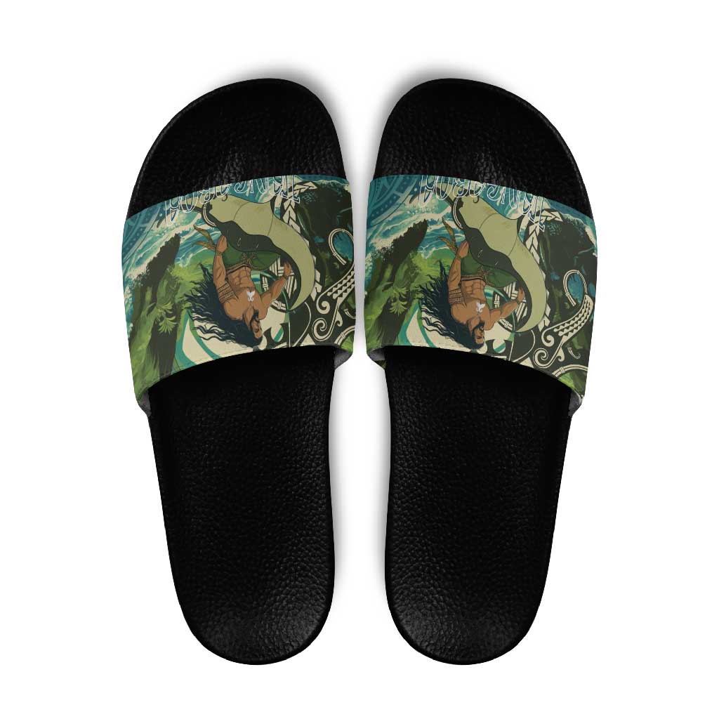 Aotearoa Tangaroa Atua Slide Sandals New Zealand God Of The Ocean LT14 Cyan - Polynesian Pride
