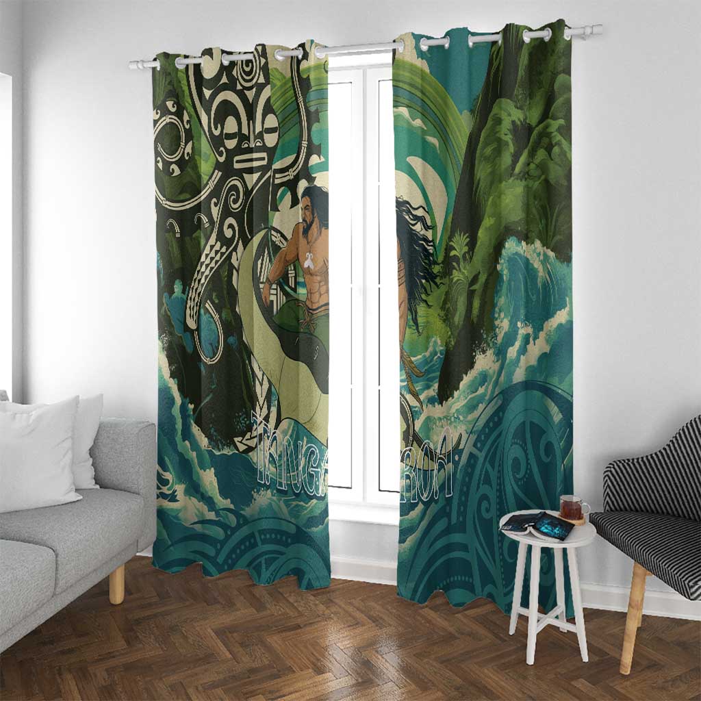 Aotearoa Tangaroa Atua Window Curtain New Zealand God Of The Ocean LT14 With Grommets Cyan - Polynesian Pride