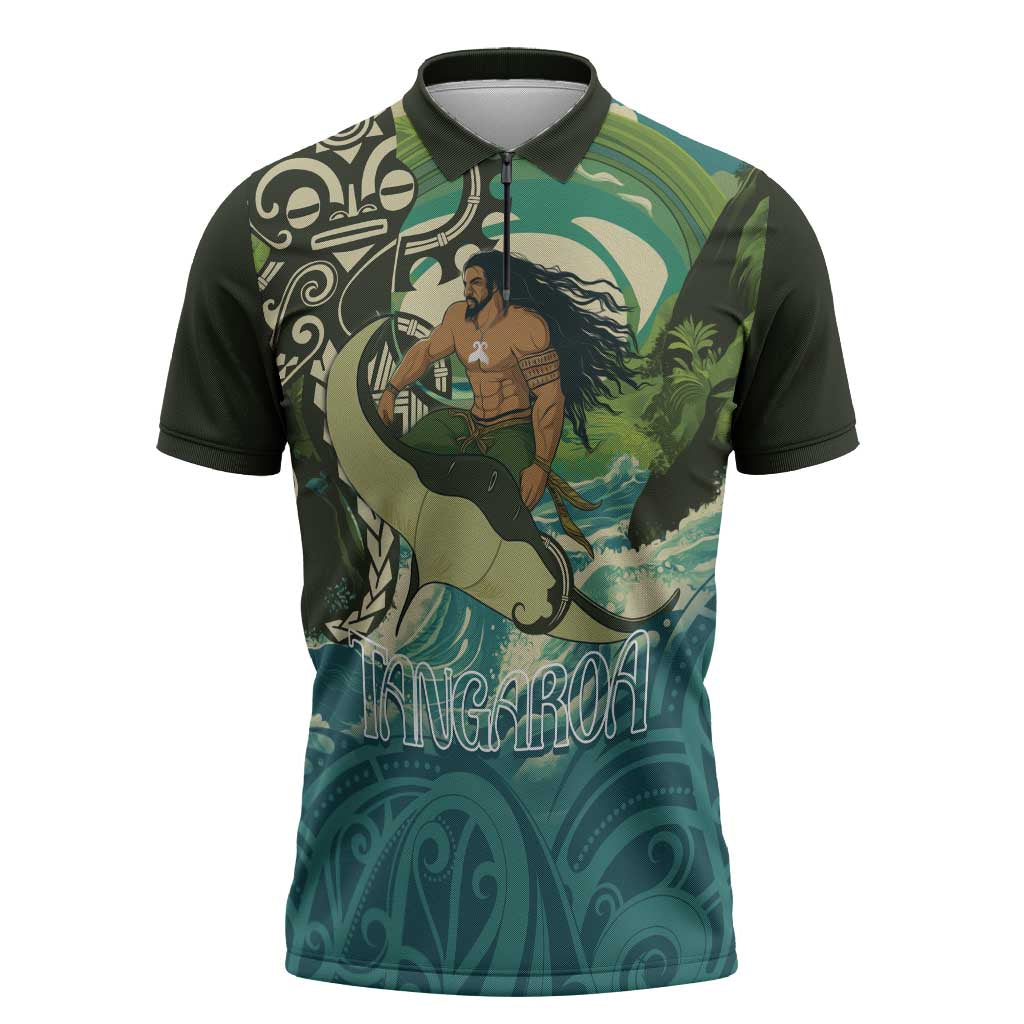 Aotearoa Tangaroa Atua Zipper Polo Shirt New Zealand God Of The Ocean LT14 Cyan - Polynesian Pride