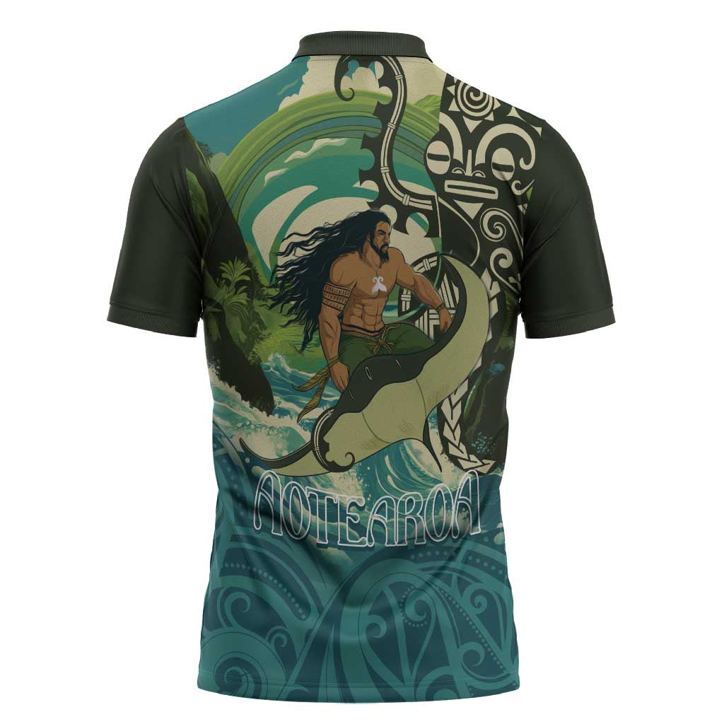 Aotearoa Tangaroa Atua Zipper Polo Shirt New Zealand God Of The Ocean LT14 - Polynesian Pride