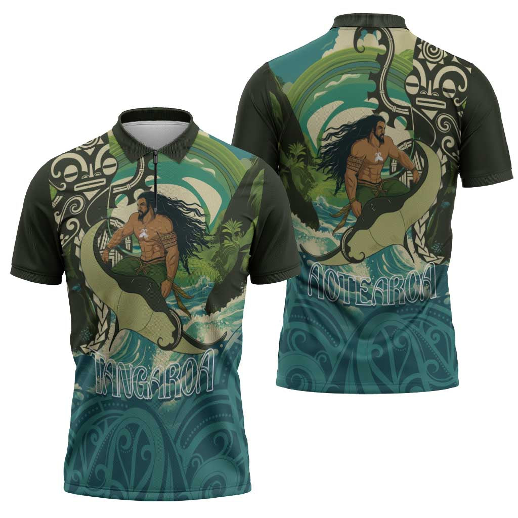 Aotearoa Tangaroa Atua Zipper Polo Shirt New Zealand God Of The Ocean LT14 - Polynesian Pride