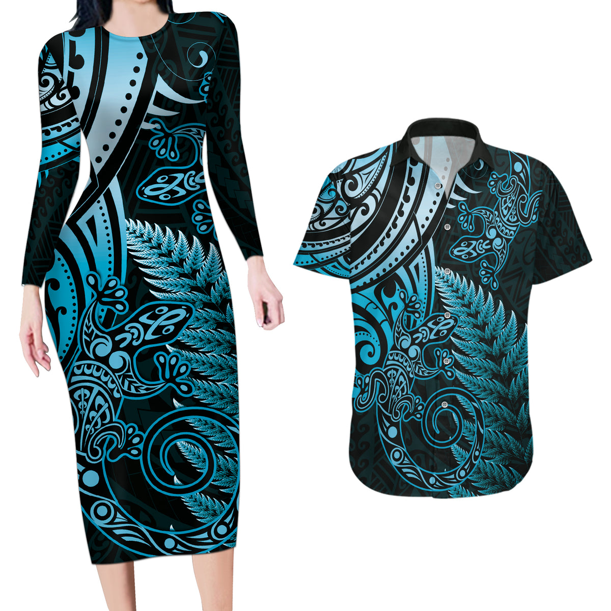 New Zealand Lizard Couples Matching Long Sleeve Bodycon Dress and Hawaiian Shirt Silver Fern Aotearoa Maori Blue Version LT14 Blue - Polynesian Pride