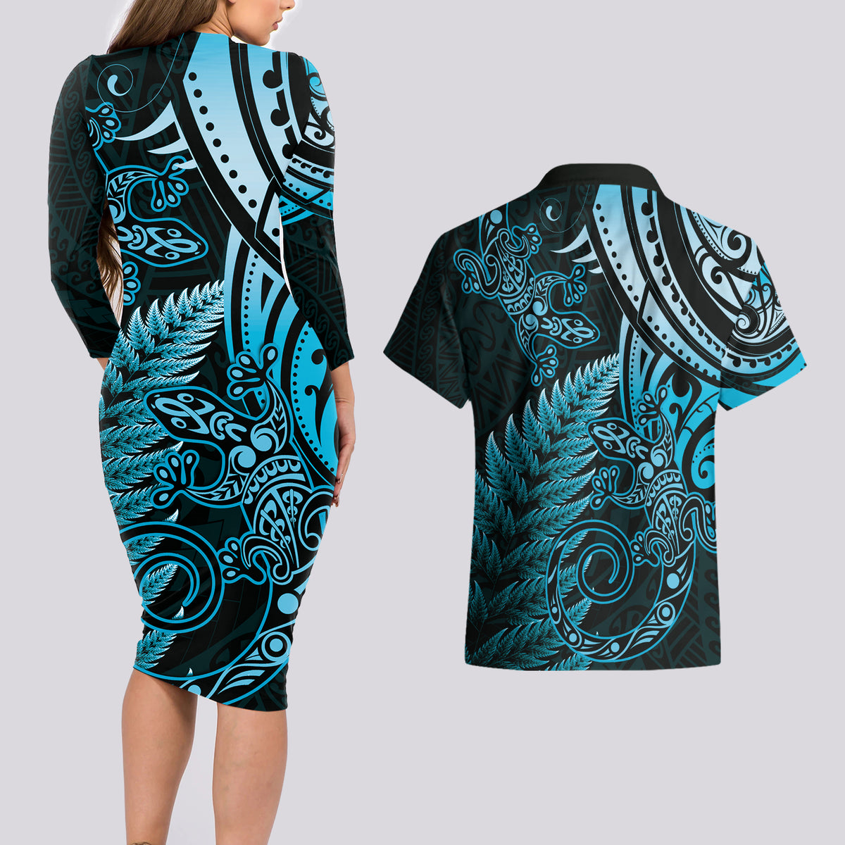 New Zealand Lizard Couples Matching Long Sleeve Bodycon Dress and Hawaiian Shirt Silver Fern Aotearoa Maori Blue Version LT14 - Polynesian Pride
