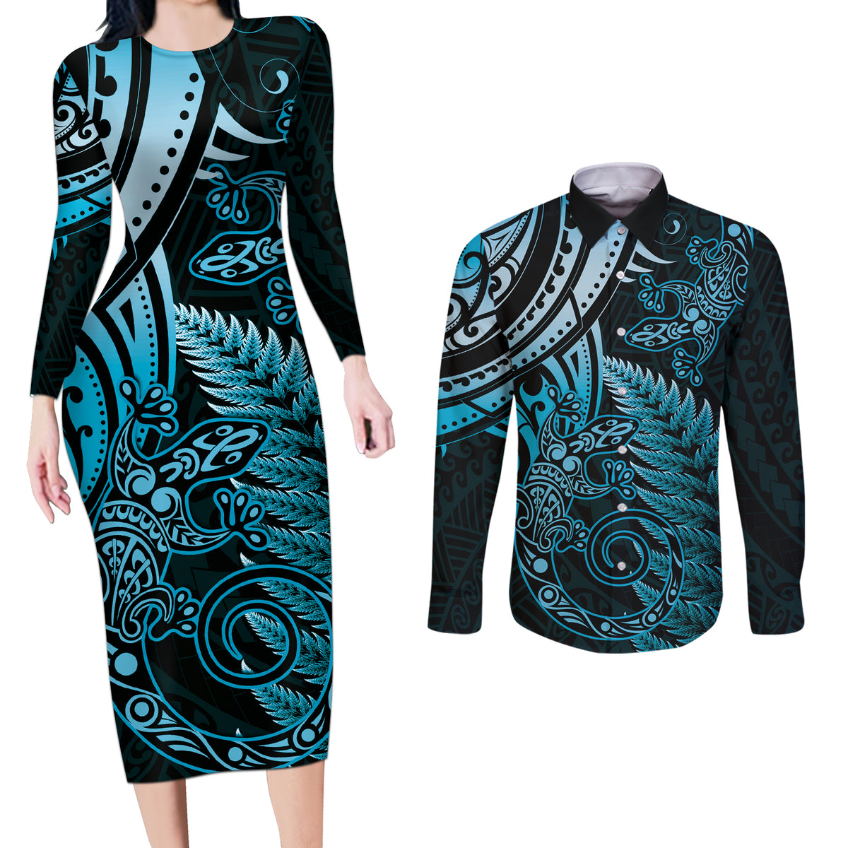 New Zealand Lizard Couples Matching Long Sleeve Bodycon Dress and Long Sleeve Button Shirt Silver Fern Aotearoa Maori Blue Version LT14 Blue - Polynesian Pride