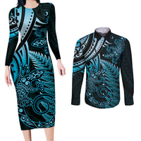 New Zealand Lizard Couples Matching Long Sleeve Bodycon Dress and Long Sleeve Button Shirt Silver Fern Aotearoa Maori Blue Version LT14 Blue - Polynesian Pride