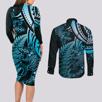New Zealand Lizard Couples Matching Long Sleeve Bodycon Dress and Long Sleeve Button Shirt Silver Fern Aotearoa Maori Blue Version LT14 - Polynesian Pride