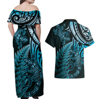 New Zealand Lizard Couples Matching Off Shoulder Maxi Dress and Hawaiian Shirt Silver Fern Aotearoa Maori Blue Version LT14 - Polynesian Pride