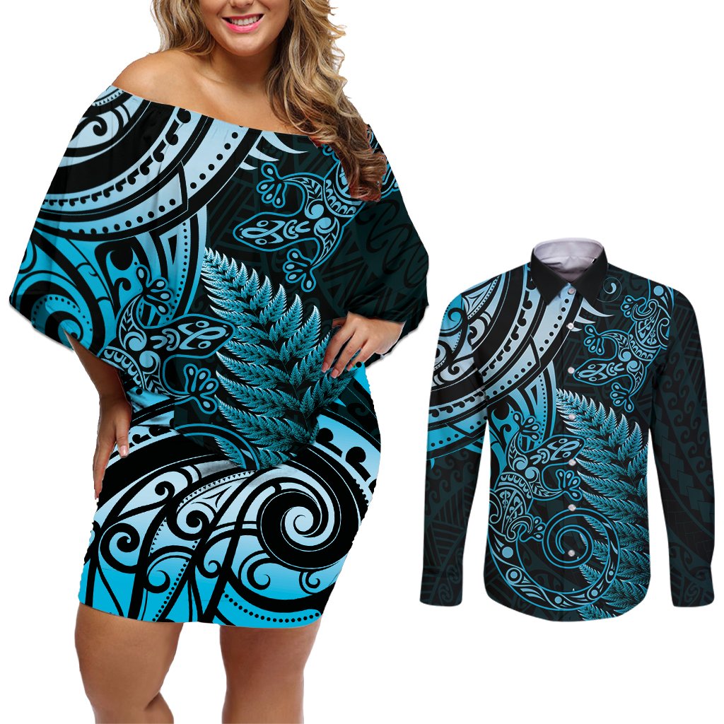 New Zealand Lizard Couples Matching Off Shoulder Short Dress and Long Sleeve Button Shirt Silver Fern Aotearoa Maori Blue Version LT14 Blue - Polynesian Pride