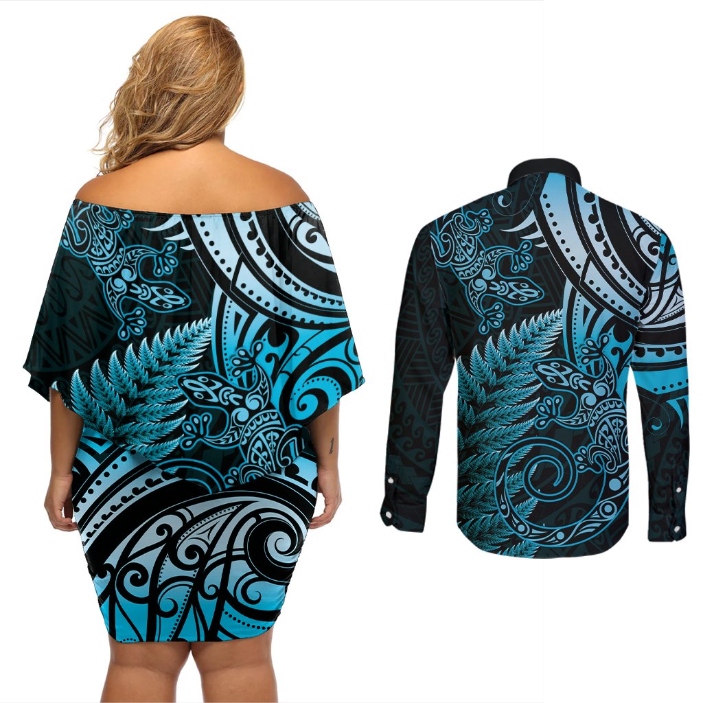 New Zealand Lizard Couples Matching Off Shoulder Short Dress and Long Sleeve Button Shirt Silver Fern Aotearoa Maori Blue Version LT14 - Polynesian Pride