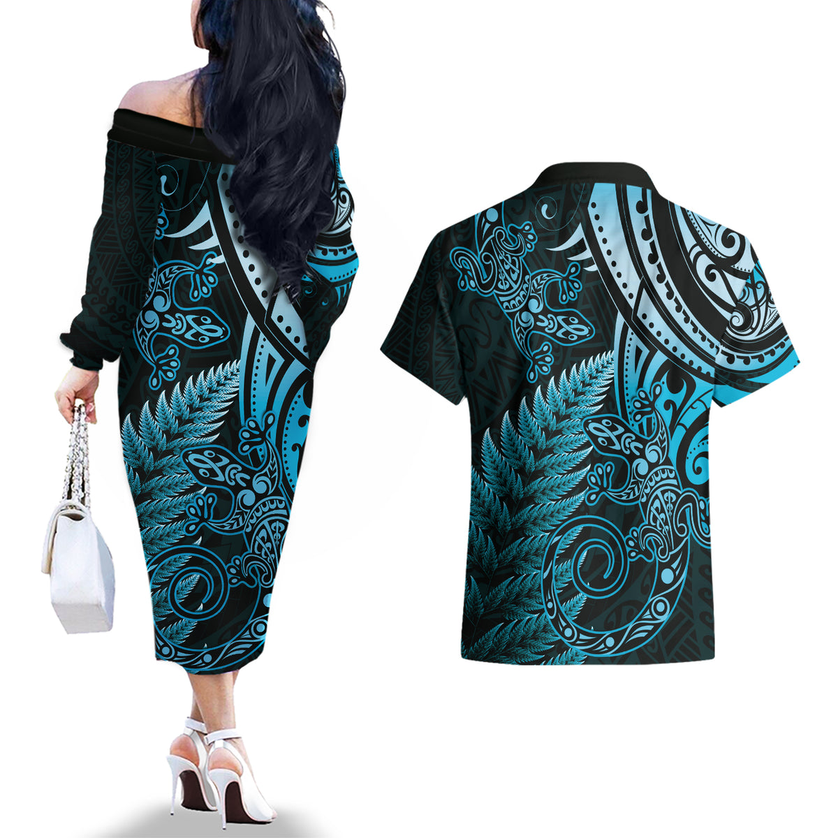New Zealand Lizard Couples Matching Off The Shoulder Long Sleeve Dress and Hawaiian Shirt Silver Fern Aotearoa Maori Blue Version LT14 - Polynesian Pride