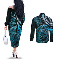 New Zealand Lizard Couples Matching Off The Shoulder Long Sleeve Dress and Long Sleeve Button Shirt Silver Fern Aotearoa Maori Blue Version LT14 - Polynesian Pride