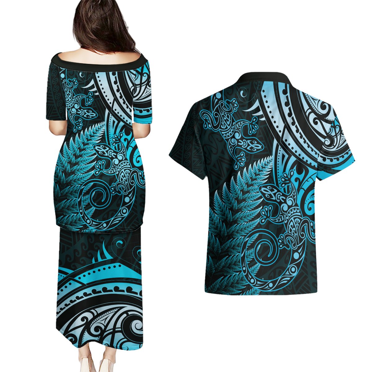 New Zealand Lizard Couples Matching Puletasi and Hawaiian Shirt Silver Fern Aotearoa Maori Blue Version LT14 - Polynesian Pride