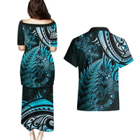 New Zealand Lizard Couples Matching Puletasi and Hawaiian Shirt Silver Fern Aotearoa Maori Blue Version LT14 - Polynesian Pride
