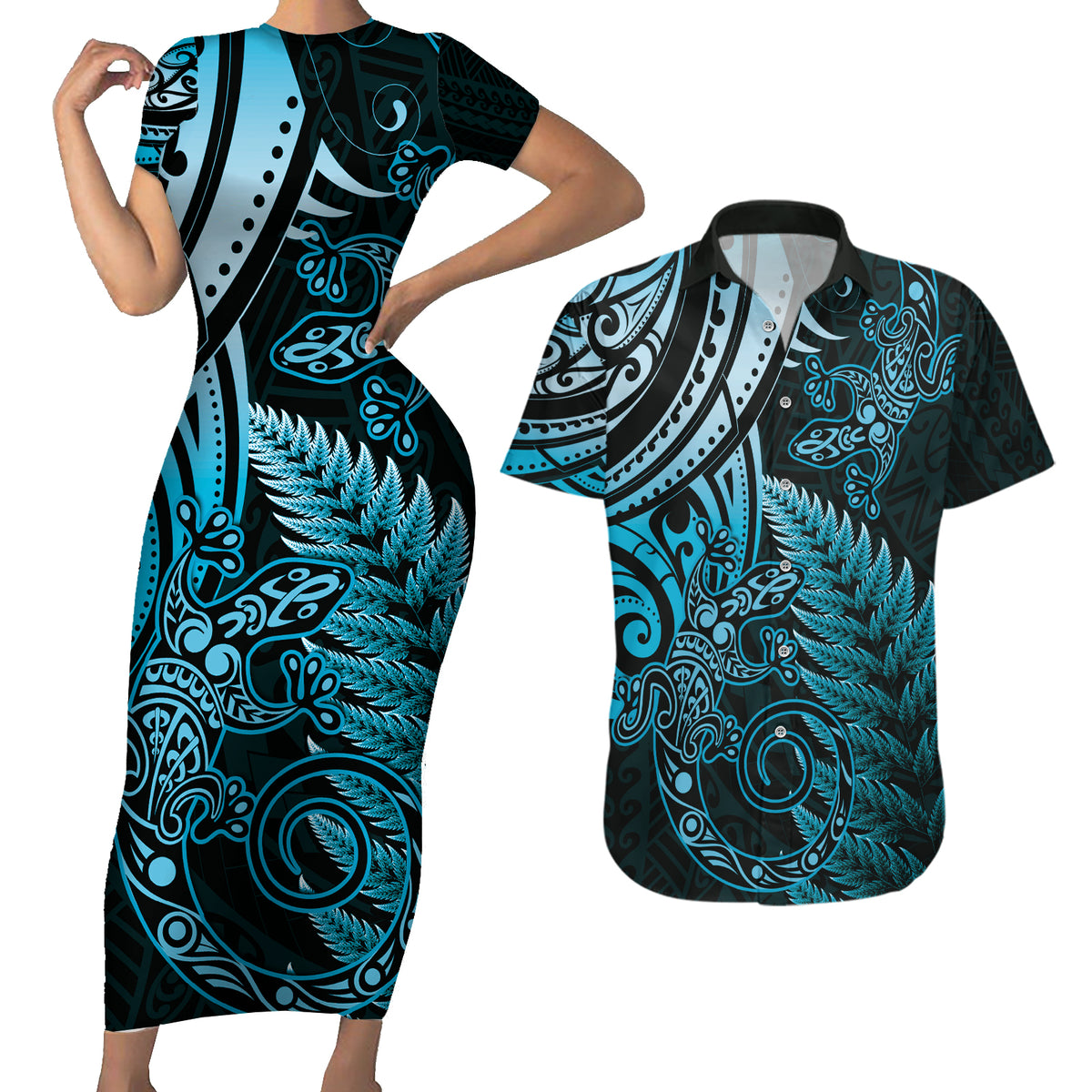 New Zealand Lizard Couples Matching Short Sleeve Bodycon Dress and Hawaiian Shirt Silver Fern Aotearoa Maori Blue Version LT14 Blue - Polynesian Pride