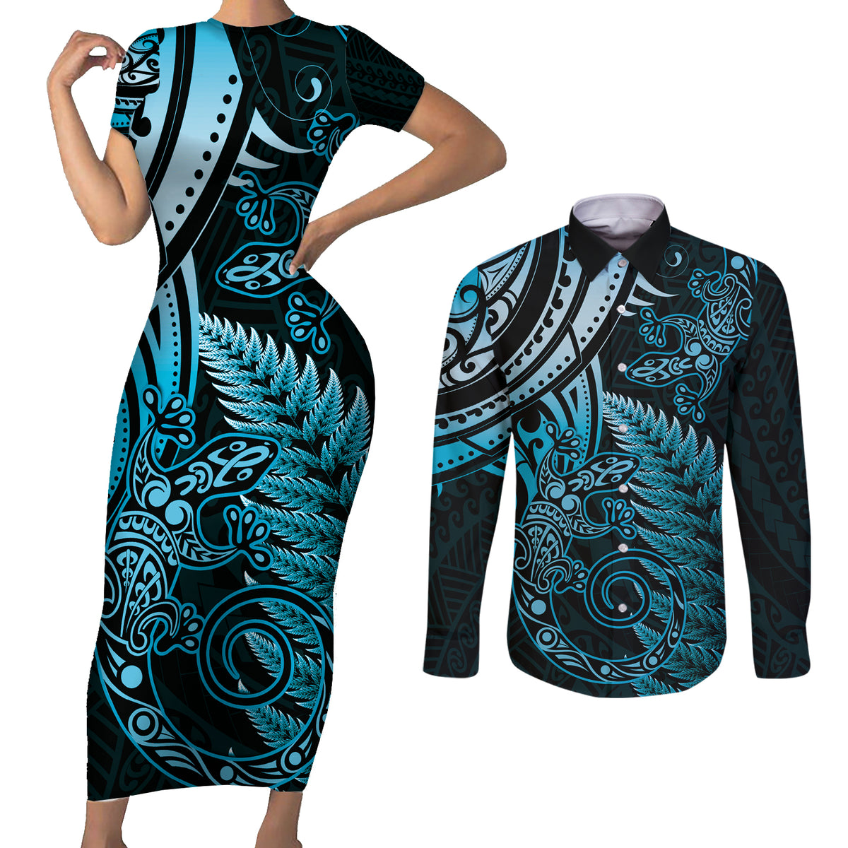 New Zealand Lizard Couples Matching Short Sleeve Bodycon Dress and Long Sleeve Button Shirt Silver Fern Aotearoa Maori Blue Version LT14 Blue - Polynesian Pride