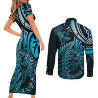 New Zealand Lizard Couples Matching Short Sleeve Bodycon Dress and Long Sleeve Button Shirt Silver Fern Aotearoa Maori Blue Version LT14 - Polynesian Pride