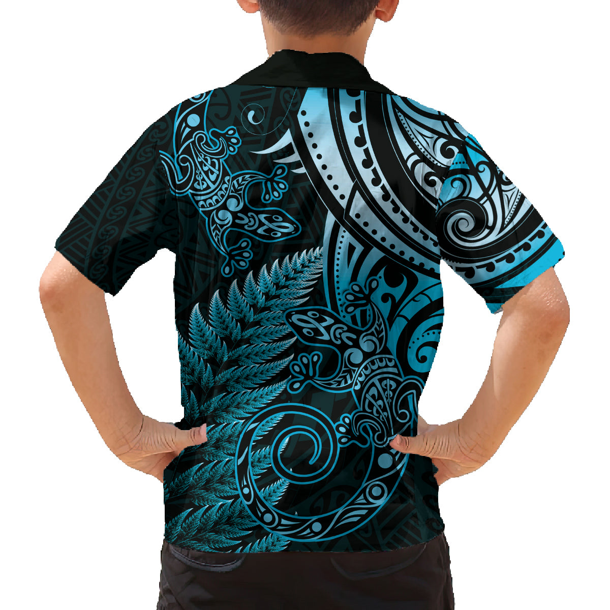New Zealand Lizard Family Matching Long Sleeve Bodycon Dress and Hawaiian Shirt Silver Fern Aotearoa Maori Blue Version LT14 - Polynesian Pride