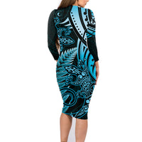 New Zealand Lizard Family Matching Long Sleeve Bodycon Dress and Hawaiian Shirt Silver Fern Aotearoa Maori Blue Version LT14 - Polynesian Pride