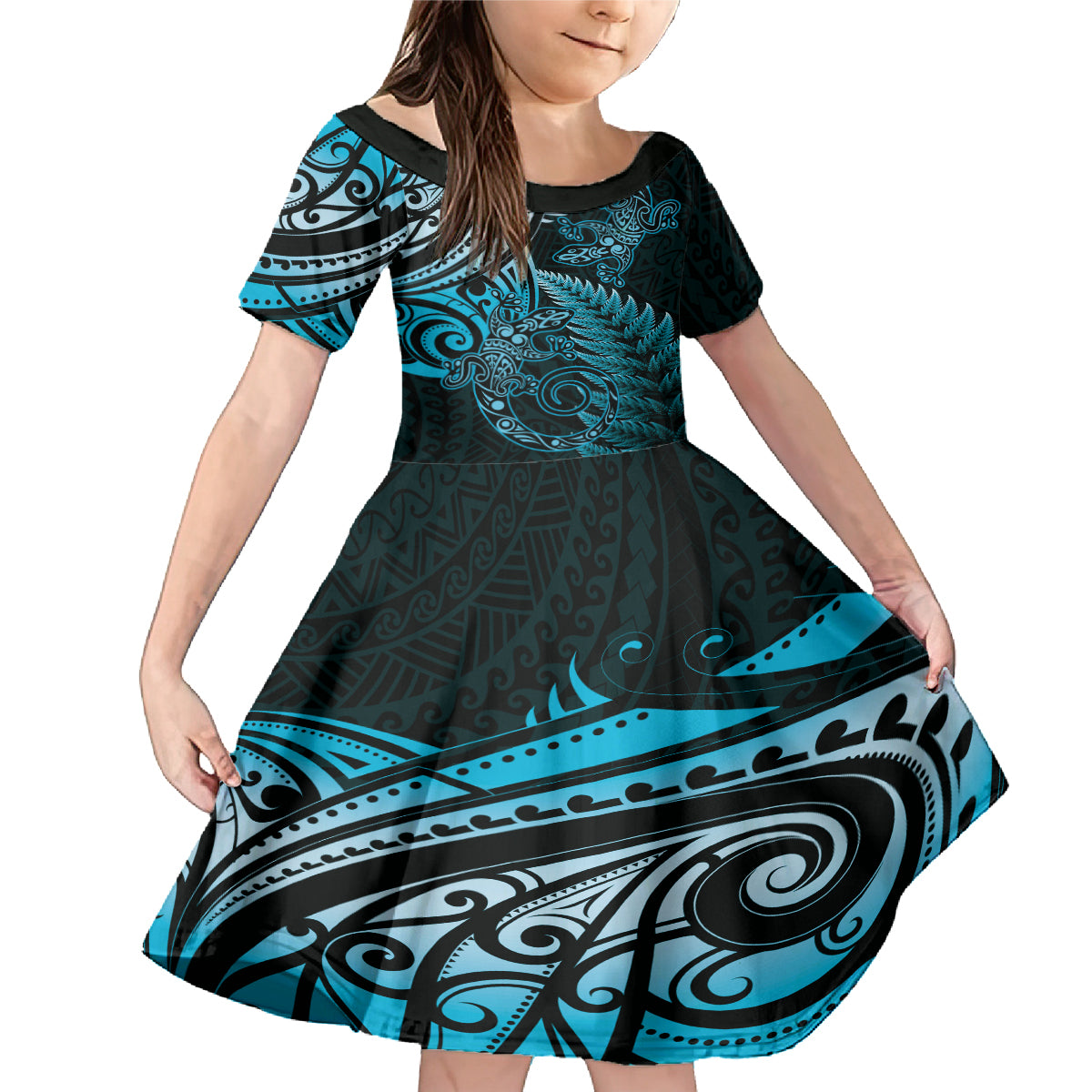 New Zealand Lizard Family Matching Mermaid Dress and Hawaiian Shirt Silver Fern Aotearoa Maori Blue Version LT14 Daughter's Dress Blue - Polynesian Pride
