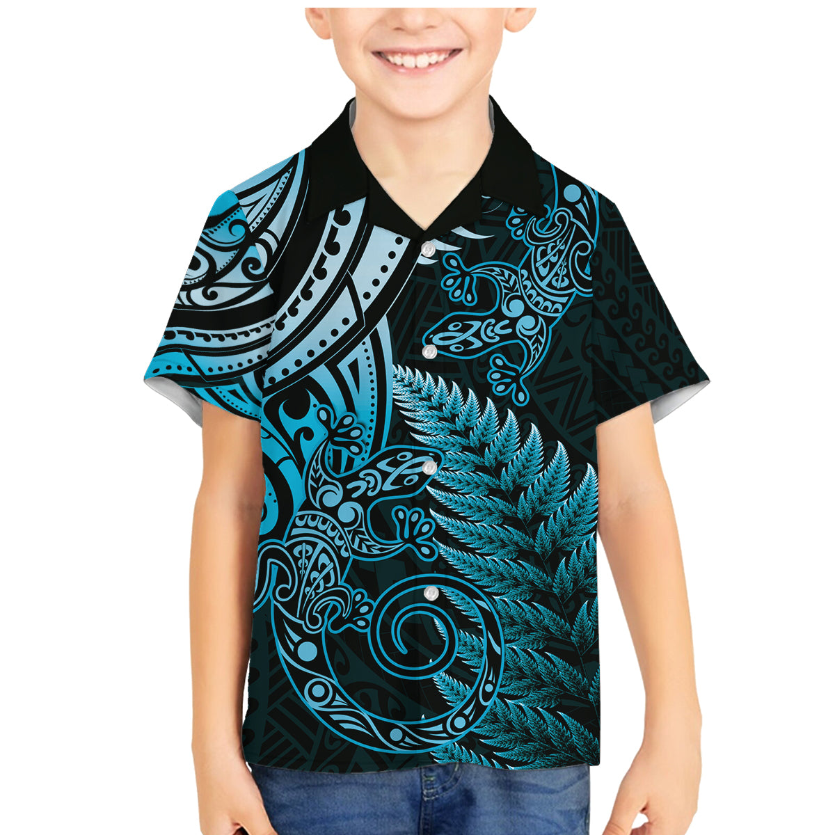 New Zealand Lizard Family Matching Mermaid Dress and Hawaiian Shirt Silver Fern Aotearoa Maori Blue Version LT14 Son's Shirt Blue - Polynesian Pride