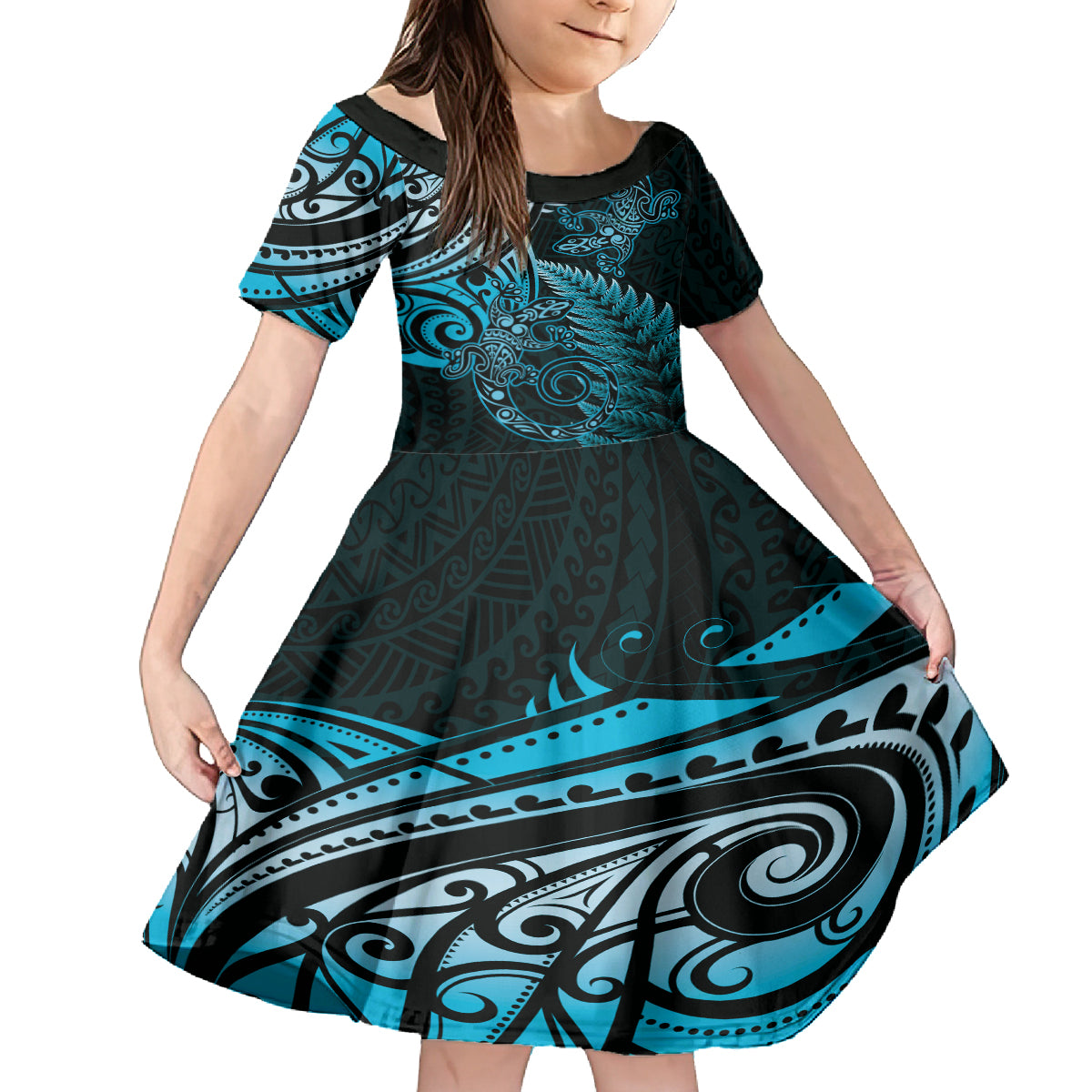 New Zealand Lizard Family Matching Off The Shoulder Long Sleeve Dress and Hawaiian Shirt Silver Fern Aotearoa Maori Blue Version LT14 Daughter's Dress Blue - Polynesian Pride