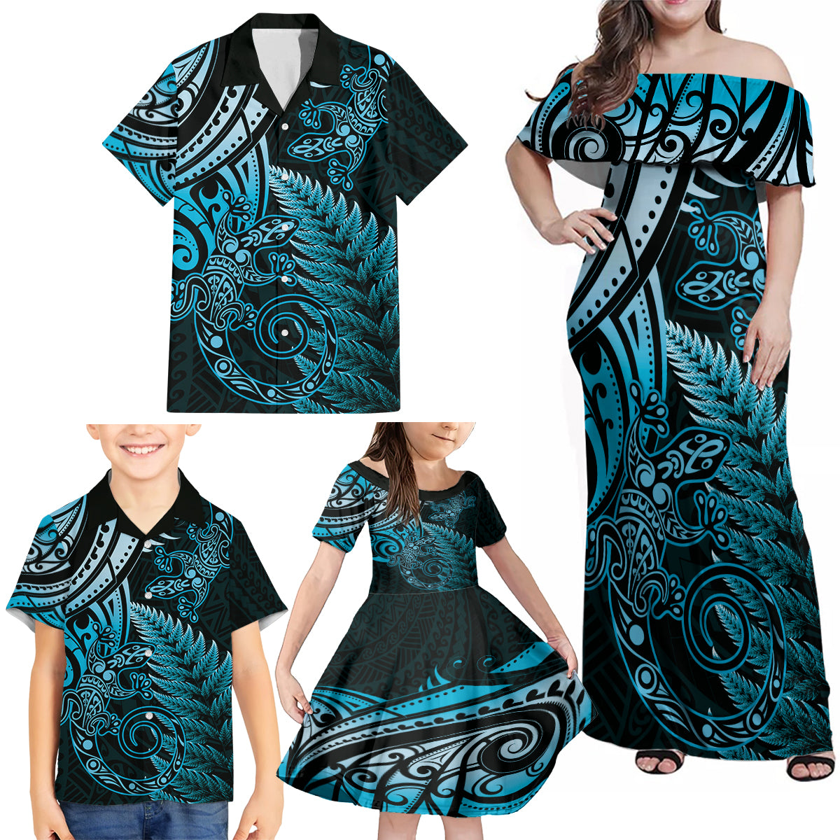 New Zealand Lizard Family Matching Off Shoulder Maxi Dress and Hawaiian Shirt Silver Fern Aotearoa Maori Blue Version LT14 - Polynesian Pride