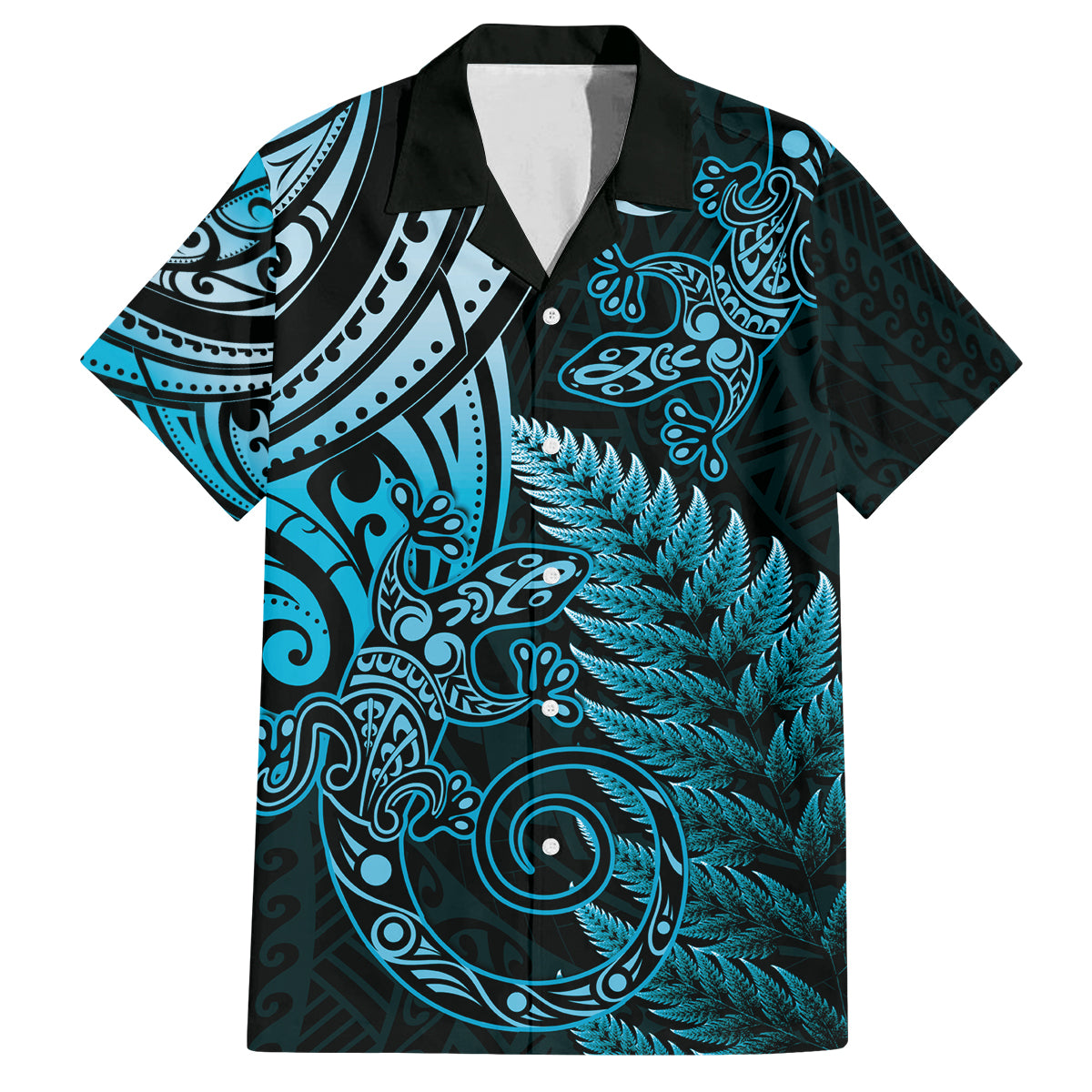 New Zealand Lizard Family Matching Off Shoulder Maxi Dress and Hawaiian Shirt Silver Fern Aotearoa Maori Blue Version LT14 Dad's Shirt - Short Sleeve Blue - Polynesian Pride
