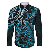 New Zealand Lizard Family Matching Off Shoulder Maxi Dress and Hawaiian Shirt Silver Fern Aotearoa Maori Blue Version LT14 Dad's Shirt - Long Sleeve Blue - Polynesian Pride