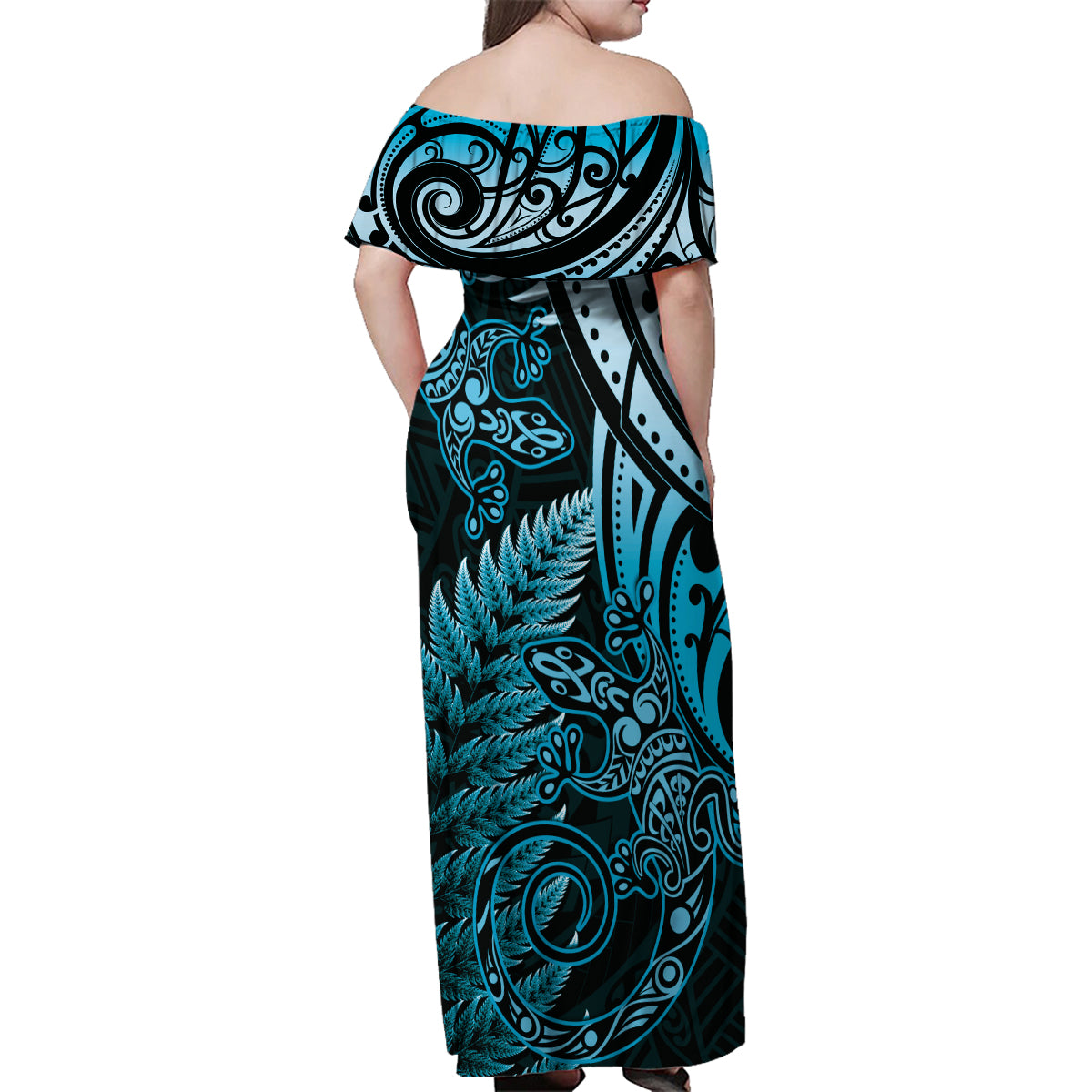 New Zealand Lizard Family Matching Off Shoulder Maxi Dress and Hawaiian Shirt Silver Fern Aotearoa Maori Blue Version LT14 - Polynesian Pride