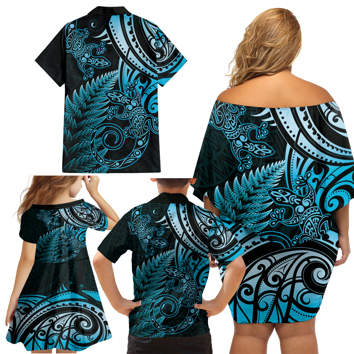 New Zealand Lizard Family Matching Off Shoulder Short Dress and Hawaiian Shirt Silver Fern Aotearoa Maori Blue Version LT14 - Polynesian Pride