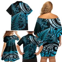 New Zealand Lizard Family Matching Off Shoulder Short Dress and Hawaiian Shirt Silver Fern Aotearoa Maori Blue Version LT14 - Polynesian Pride
