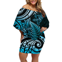 New Zealand Lizard Family Matching Off Shoulder Short Dress and Hawaiian Shirt Silver Fern Aotearoa Maori Blue Version LT14 Mom's Dress Blue - Polynesian Pride