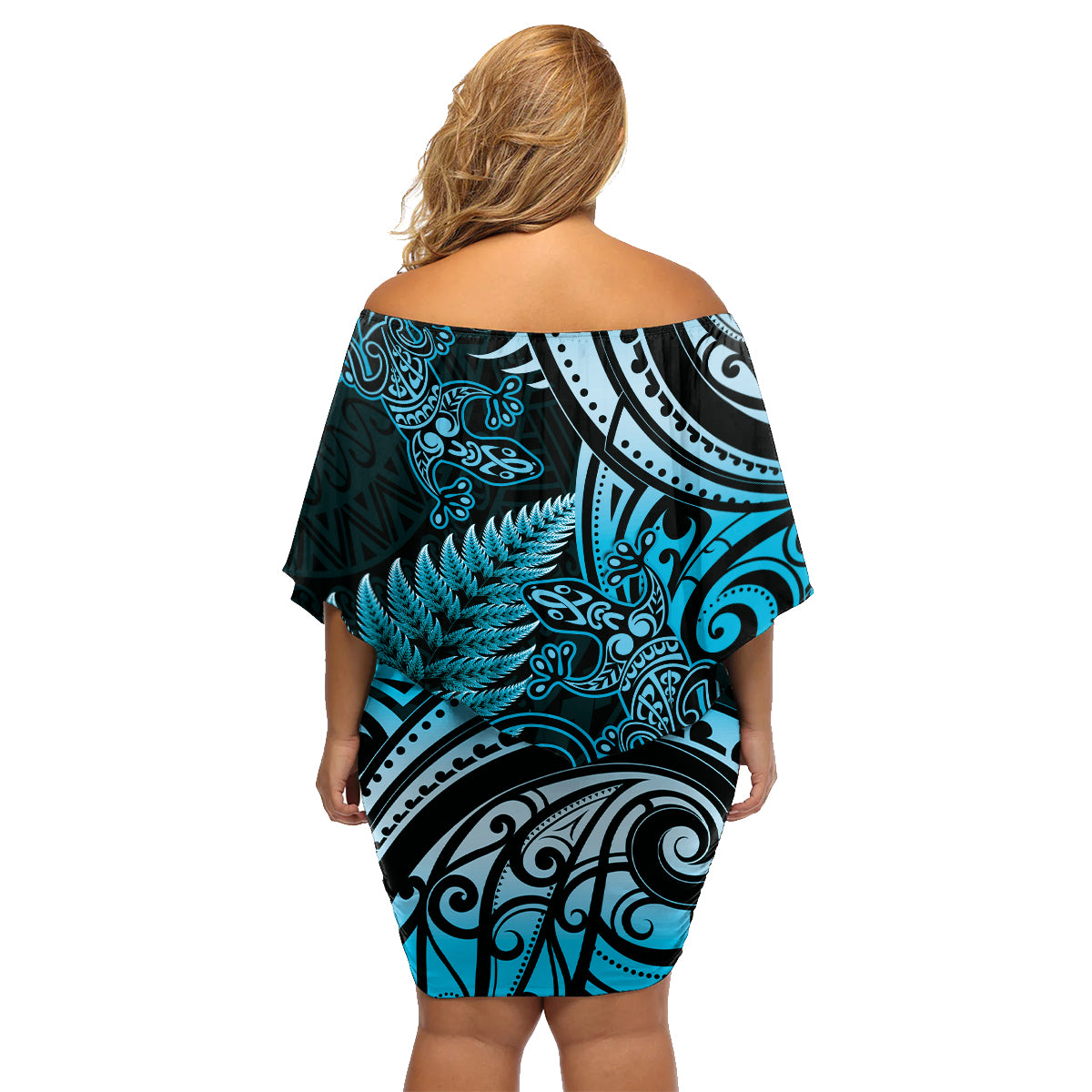 New Zealand Lizard Family Matching Off Shoulder Short Dress and Hawaiian Shirt Silver Fern Aotearoa Maori Blue Version LT14 - Polynesian Pride