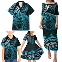 New Zealand Lizard Family Matching Puletasi and Hawaiian Shirt Silver Fern Aotearoa Maori Blue Version LT14 - Polynesian Pride