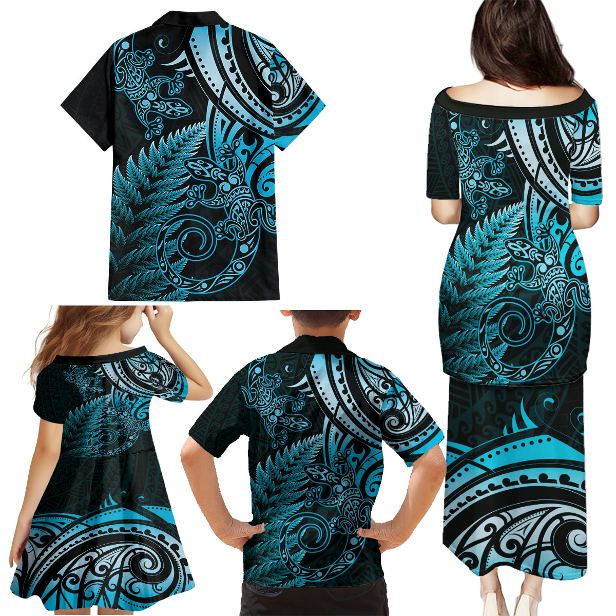 New Zealand Lizard Family Matching Puletasi and Hawaiian Shirt Silver Fern Aotearoa Maori Blue Version LT14 - Polynesian Pride