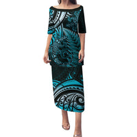 New Zealand Lizard Family Matching Puletasi and Hawaiian Shirt Silver Fern Aotearoa Maori Blue Version LT14 Mom's Dress Blue - Polynesian Pride