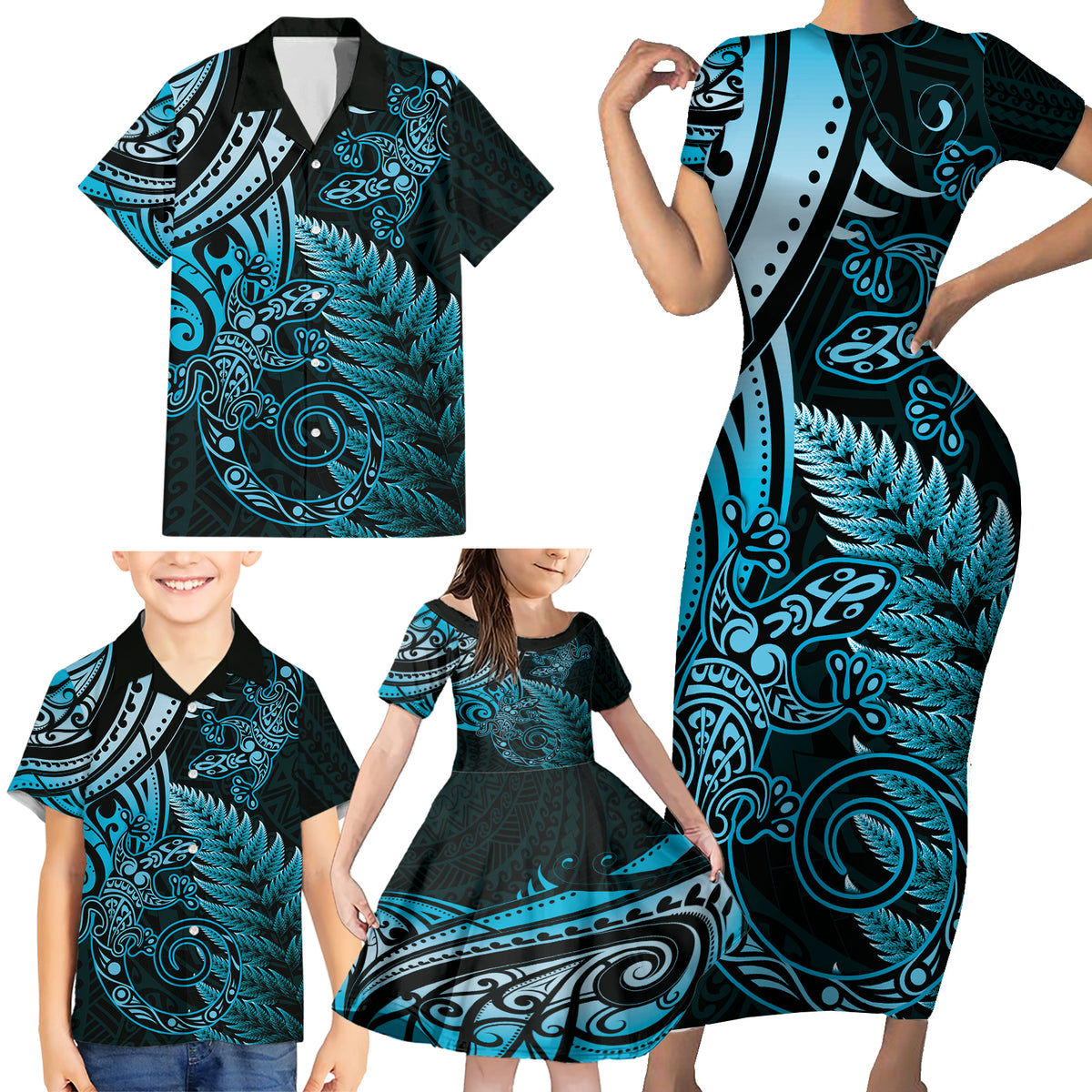 New Zealand Lizard Family Matching Short Sleeve Bodycon Dress and Hawaiian Shirt Silver Fern Aotearoa Maori Blue Version LT14 - Polynesian Pride